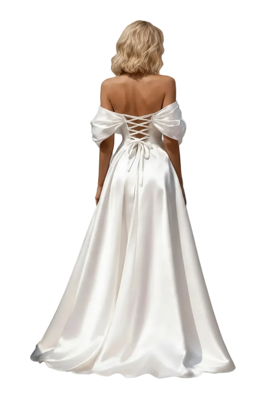 A woman shown from the back wearing an off-the-shoulder satin gown with a lace-up back and full skirt, photographed against a plain white background.
