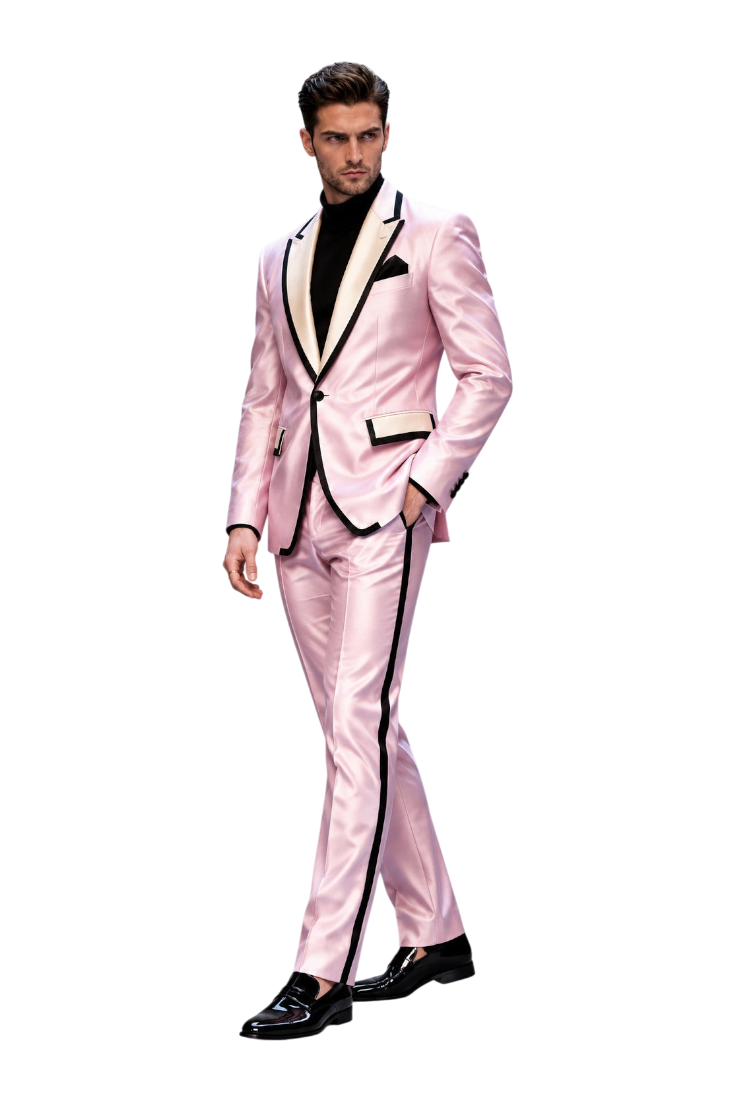 Model wearing a JASE Heart pink satin tuxedo suit with black contrast lapels and piping, paired with a black sweater.