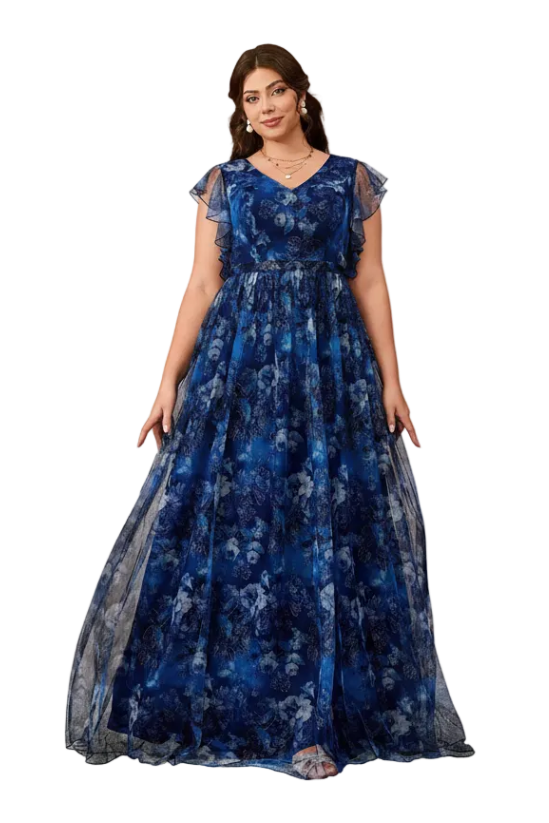 A woman models a floor-length blue floral gown with sheer flutter sleeves and a V-neckline, standing against a warm beige arched backdrop.