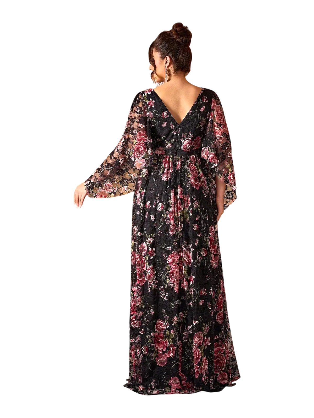 JASE Heart Ethereal Blossom black floral lace maxi dress with flowing kimono sleeves and a deep V-back design.