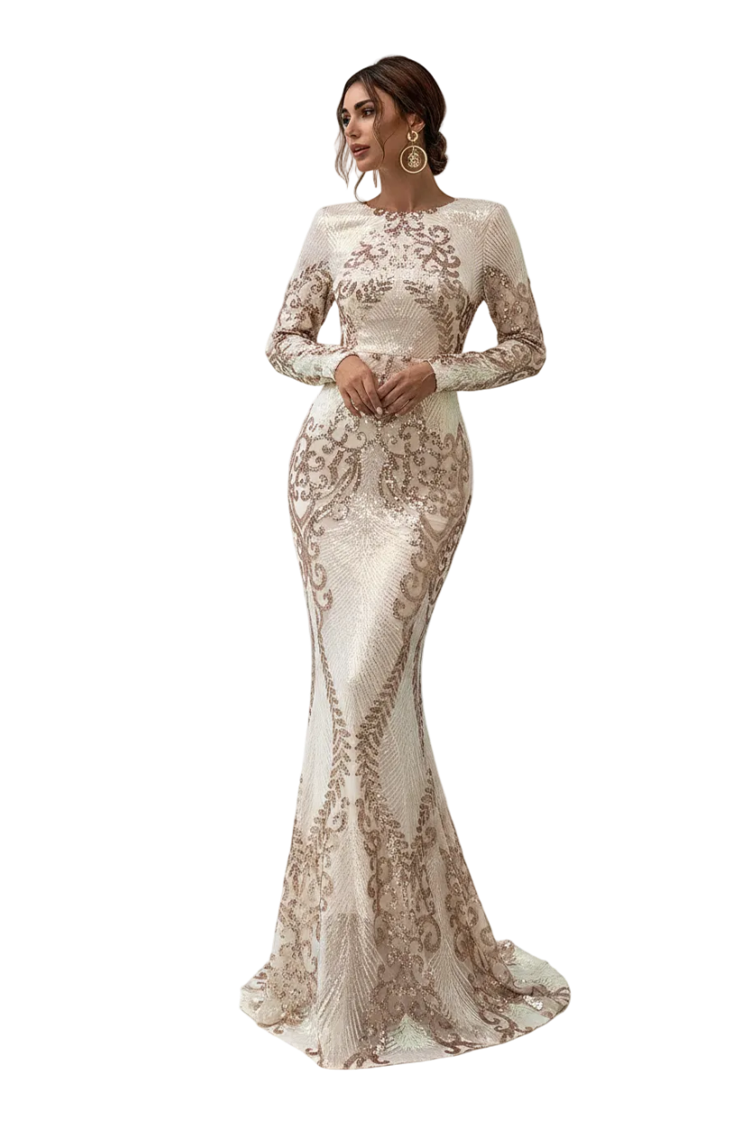 A woman models a long-sleeve, high-neck mermaid gown covered in shimmering sequins and floral embroidery. The dress features a fitted bodice and a flared skirt with a slight train, set against a background of white pillars and gray stone flooring.