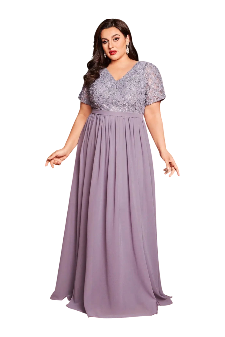 JASE Heart plus size lavender maxi dress with lace bodice and short sleeves worn by a model in a vintage room