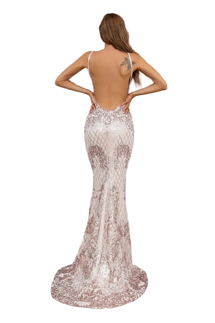 Woman wearing a sparkling evening gown with a open back on a white background