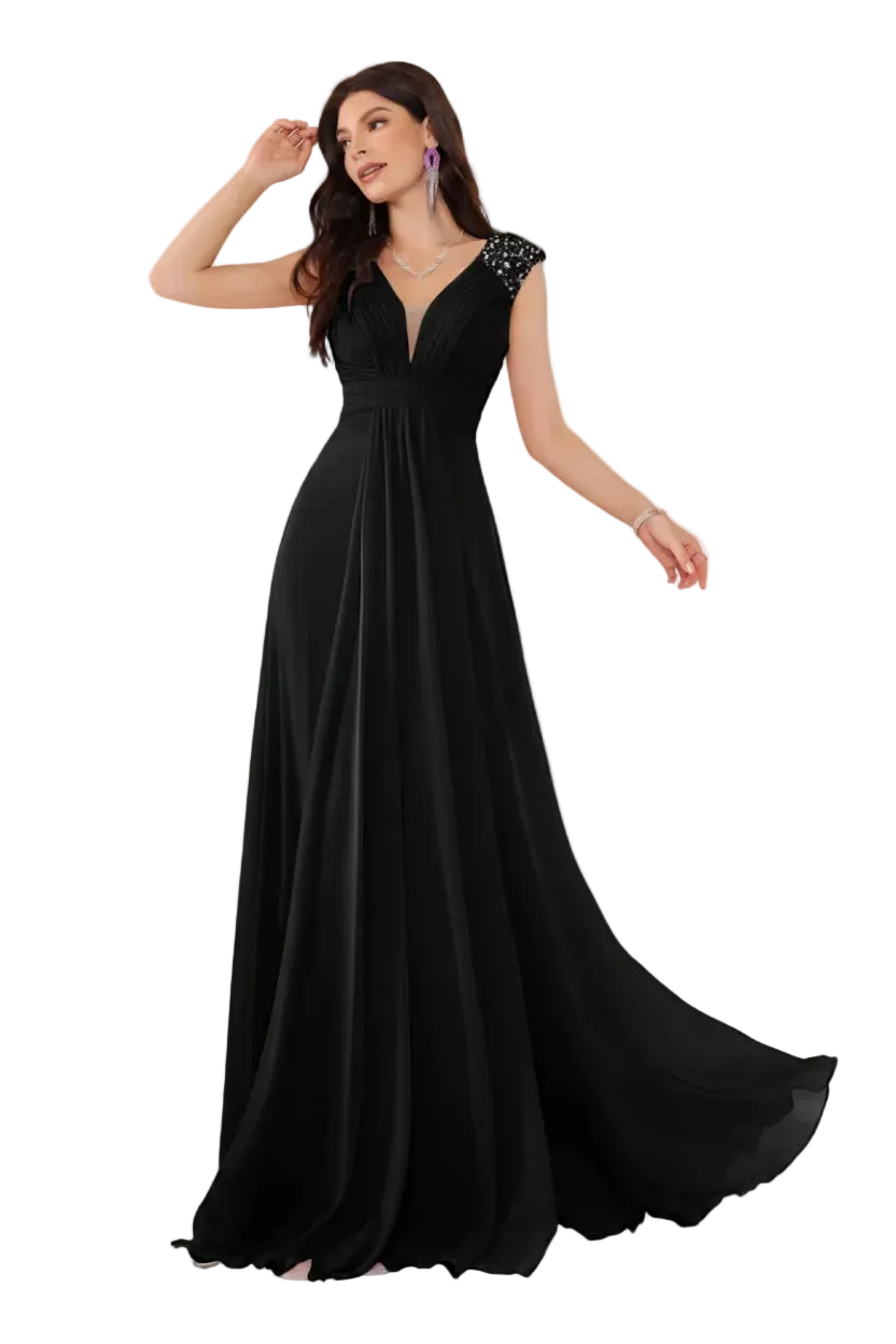 Black evening gown with a V-neckline on a white background