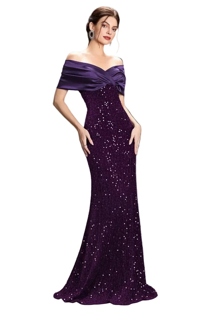 Woman wearing a purple off-shoulder evening gown against a gray background