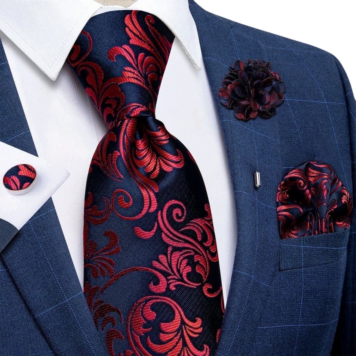 JASE HEART GLOBAL navy blue and red floral silk necktie set with matching pocket square, lapel pin, and cufflinks.