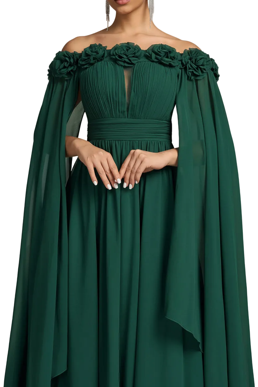 Green evening gown with cape on a white background