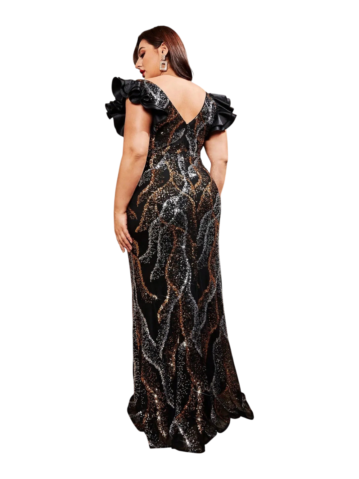 JASE Heart plus size evening gown with black ruffled sleeves and shimmering gold and silver sequin wave patterns.