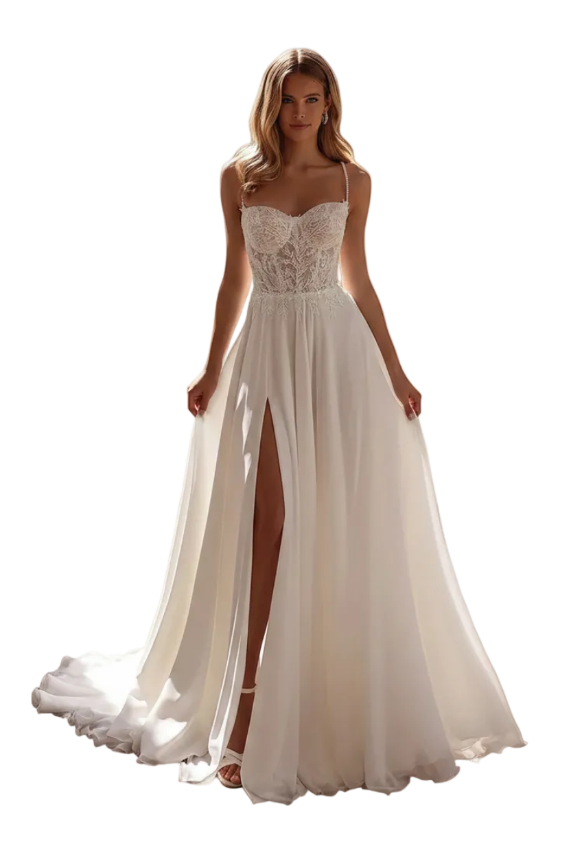 A woman models a white A-line wedding dress with a lace corset bodice, spaghetti straps, and a high thigh slit, standing in an outdoor patio setting with columns and potted plants.