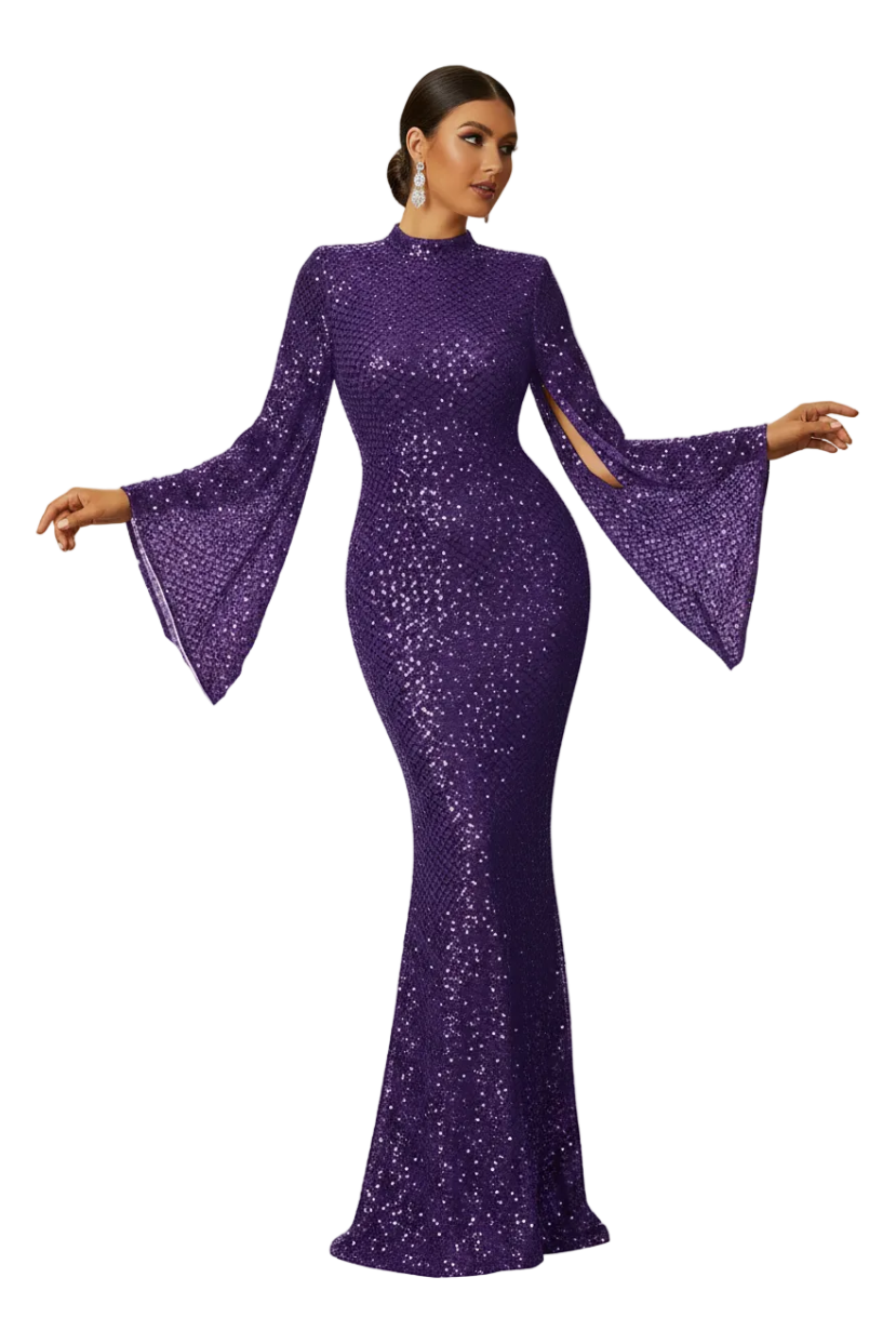 Woman wearing a purple sequin dress in a room with a window and chair.