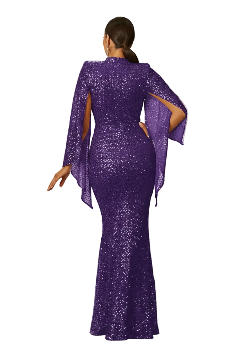 Woman wearing a purple sequin dress in a room with a window and chair.