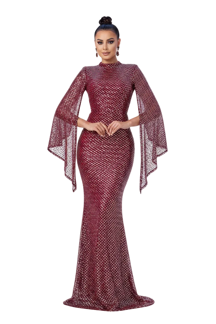 Woman wearing a red sequin dress with a white background
