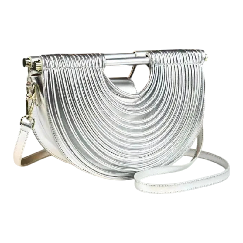 JASE HEART GLOBAL Liquid Half-Moon silver crescent handbag with pleated texture and detachable shoulder strap
