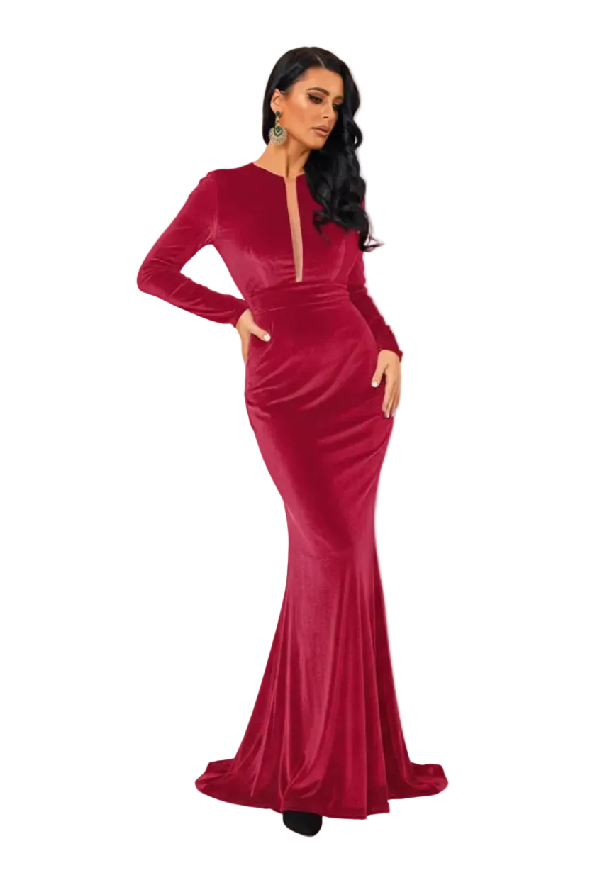 Woman wearing a burgundy evening gown on a white background
