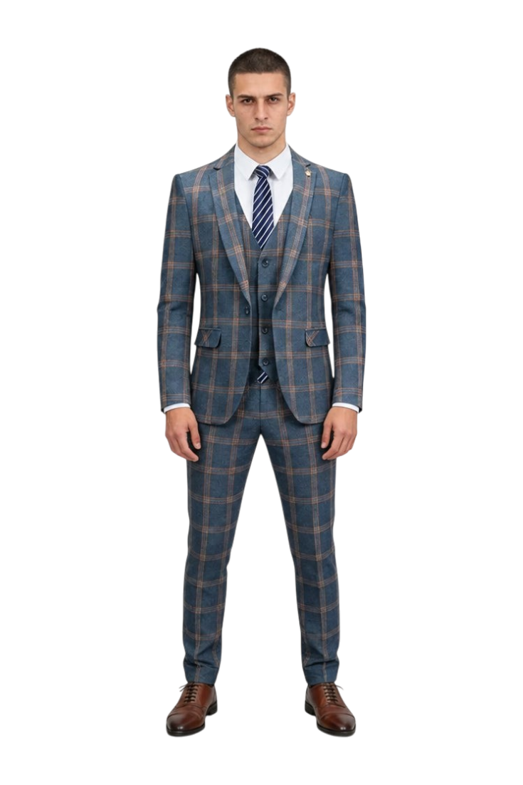 JASE Heart three-piece suit in blue plaid with brown check pattern, worn by a model with a white shirt and tie.