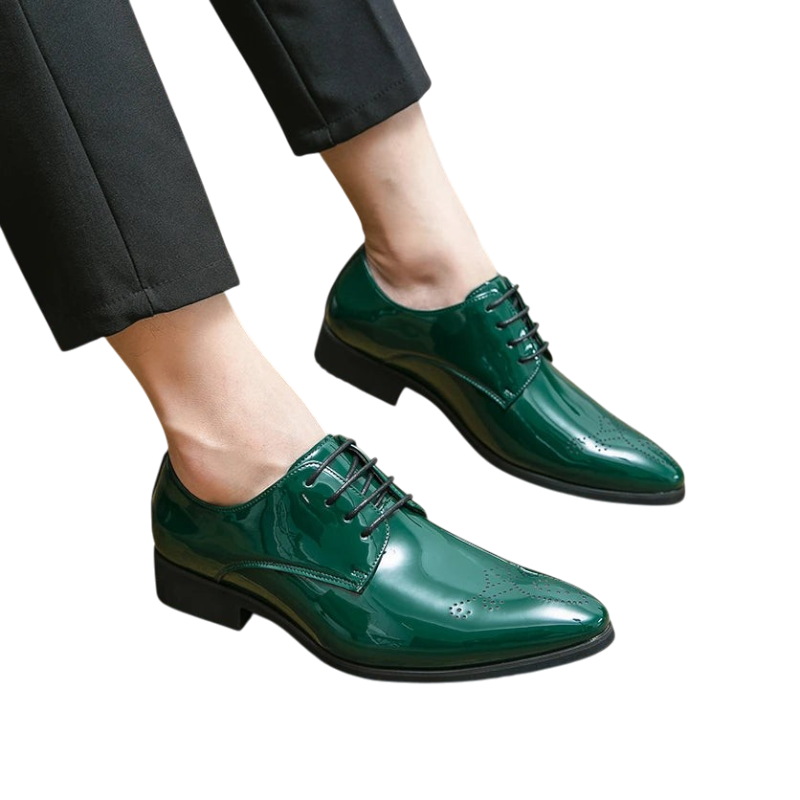 JASE Heart Luminous Brogue dress shoes in glossy dark green patent leather with black laces and classic wingtip detailing