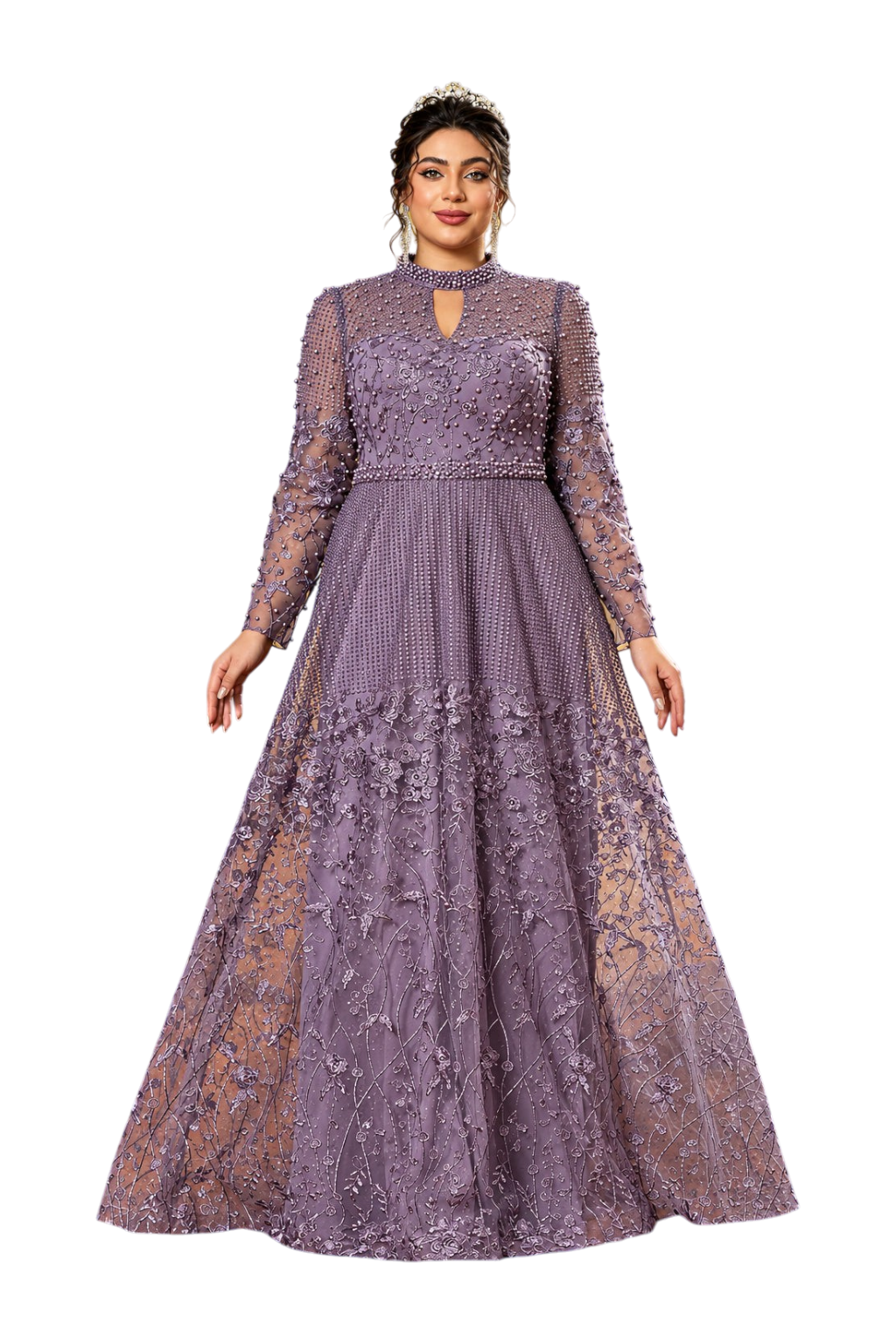 JASE Heart plus size purple brocade evening gown with intricate floral embroidery, pearl embellishments, and long sleeves