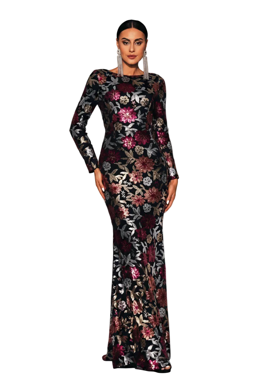Woman wearing a floral evening gown with a neutral background