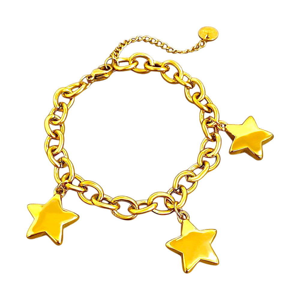 JASE HEART GLOBAL gold chain bracelet featuring three polished star charms on a thick link chain