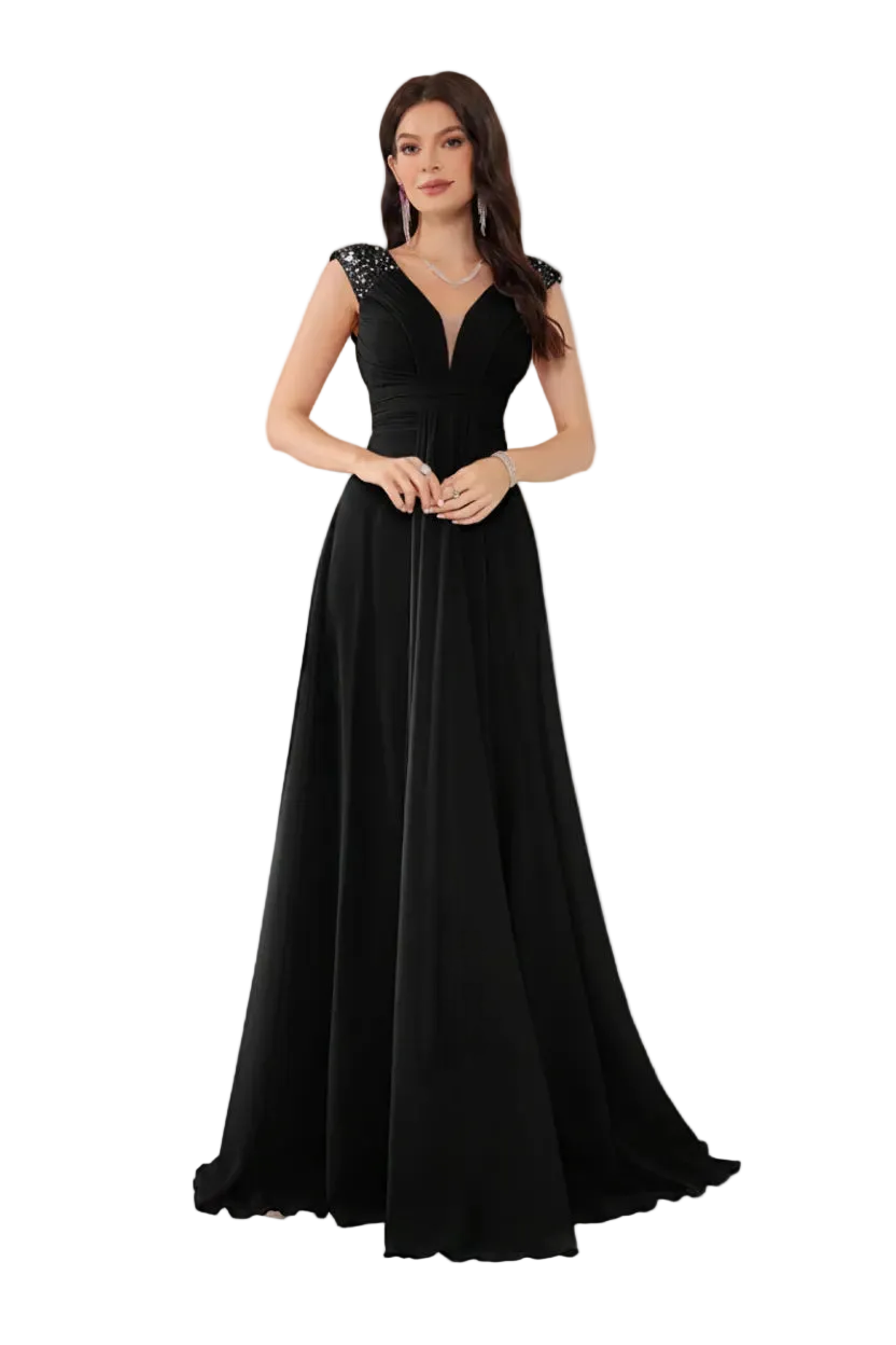 Woman wearing a black evening gown on a white background
