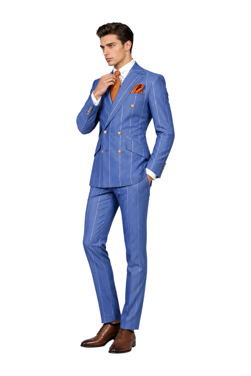 A man modeling a blue double-breasted pinstripe suit with gold buttons, a white dress shirt, an orange patterned tie, and a matching orange pocket square. The UA logo is visible in the top left corner against a textured light gray background.
