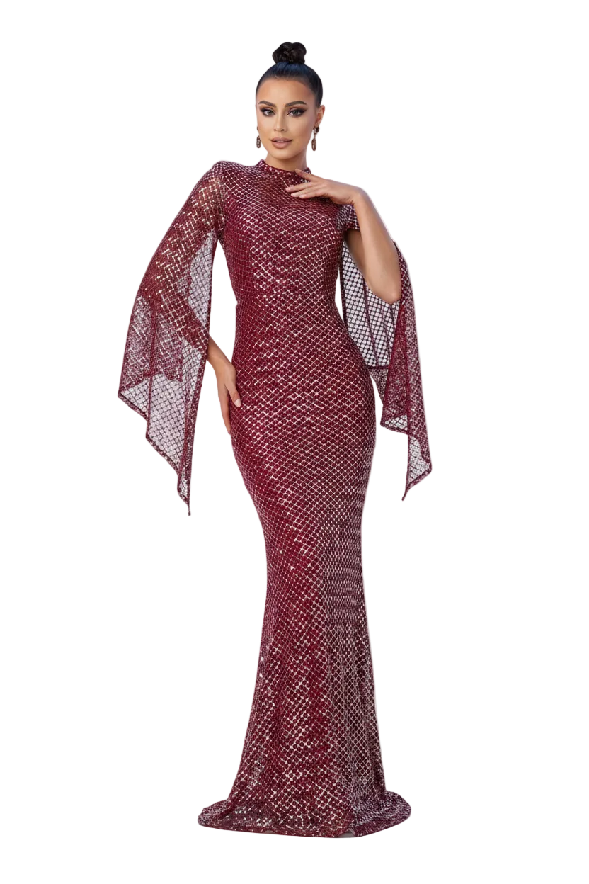 Woman wearing a burgundy evening gown with sheer sleeves on a light blue background, featuring the brand 'Miss QRD'.