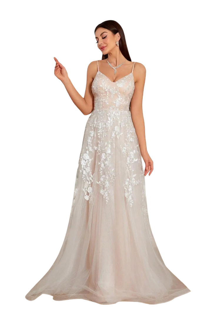 JASE Heart Ethereal Blossom floor-length gown with spaghetti straps, delicate white floral embroidery, and tulle skirt