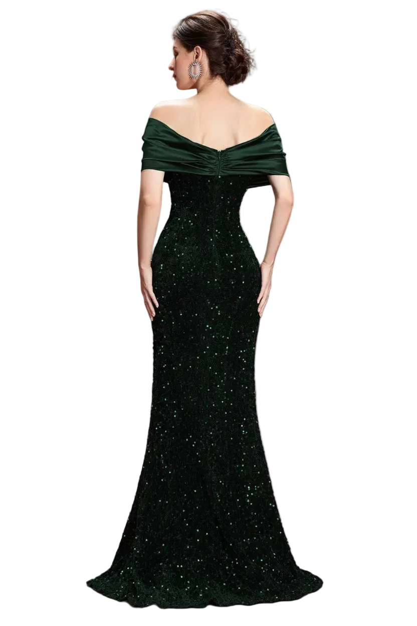 A dark green off-the-shoulder evening gown with a sweetheart neckline, fitted silhouette, and all-over sequin embellishment, shown from the back on a model against a plain white background.