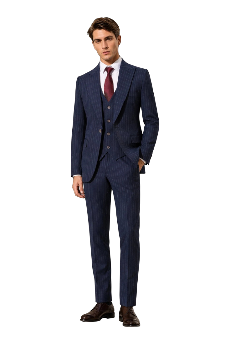 JASE Heart Executive Savile three-piece navy pinstripe suit worn by a model with a white shirt and burgundy tie.