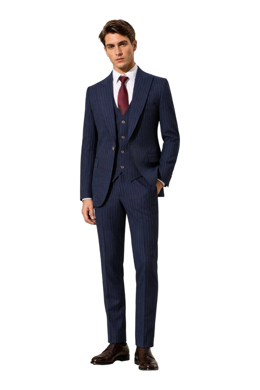 JASE Heart Executive Savile three-piece navy pinstripe suit worn by a model with a white shirt and burgundy tie.