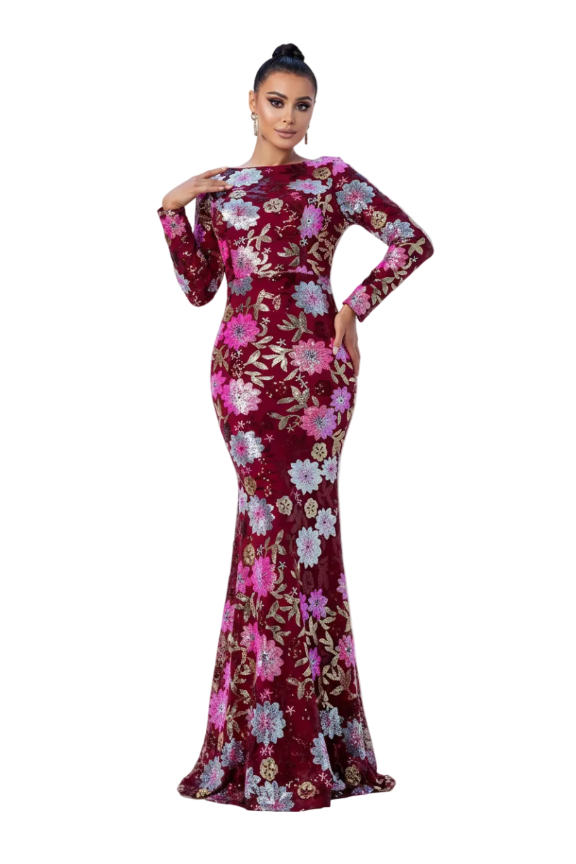 Woman wearing a floral evening gown with a white background