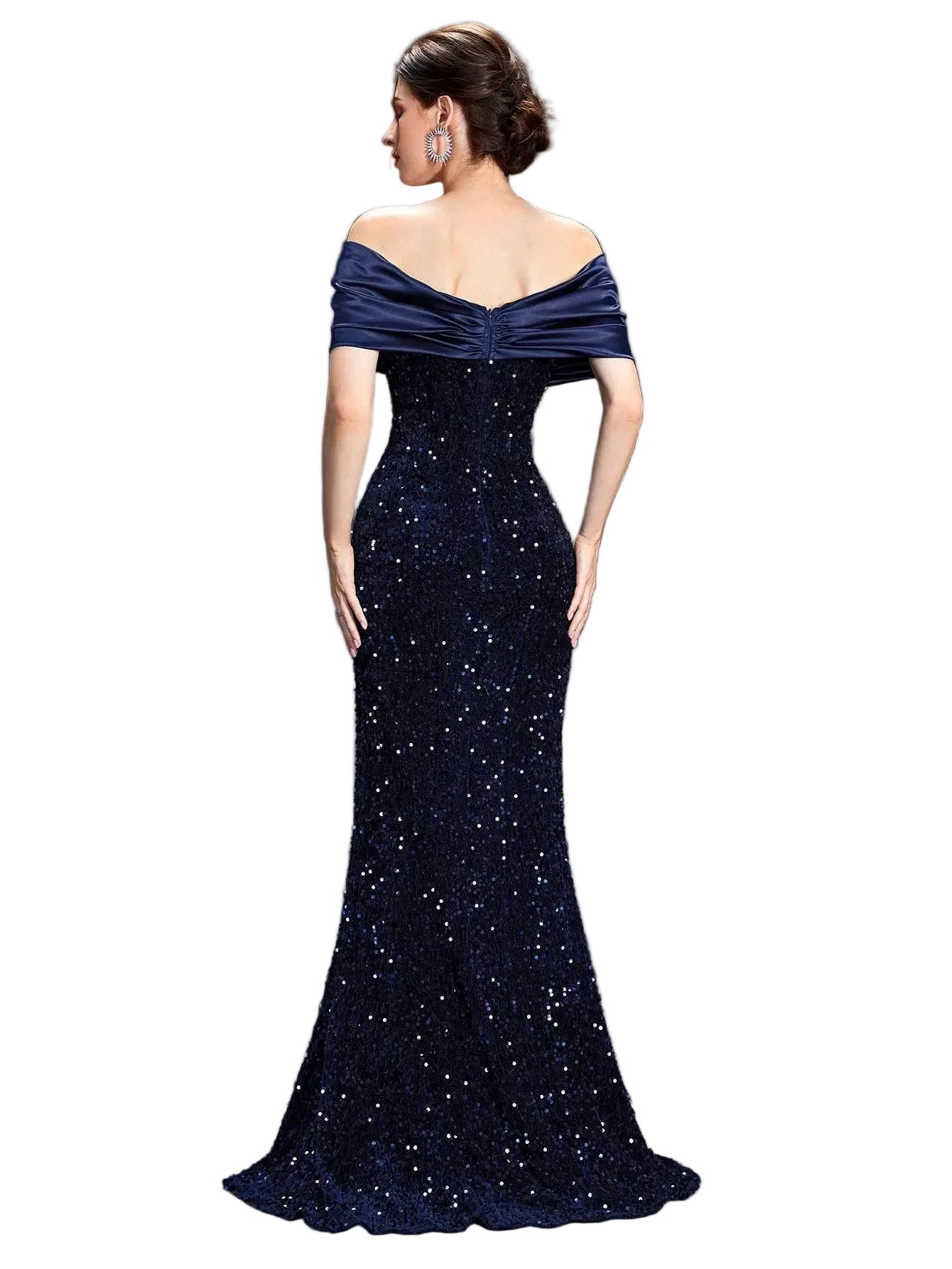 Navy blue off-shoulder evening gown with sequin details on a dark background