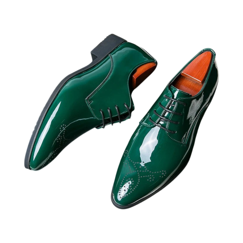 JASE Heart Luminous Brogue dress shoes in glossy emerald green patent leather with classic wingtip perforated detailing