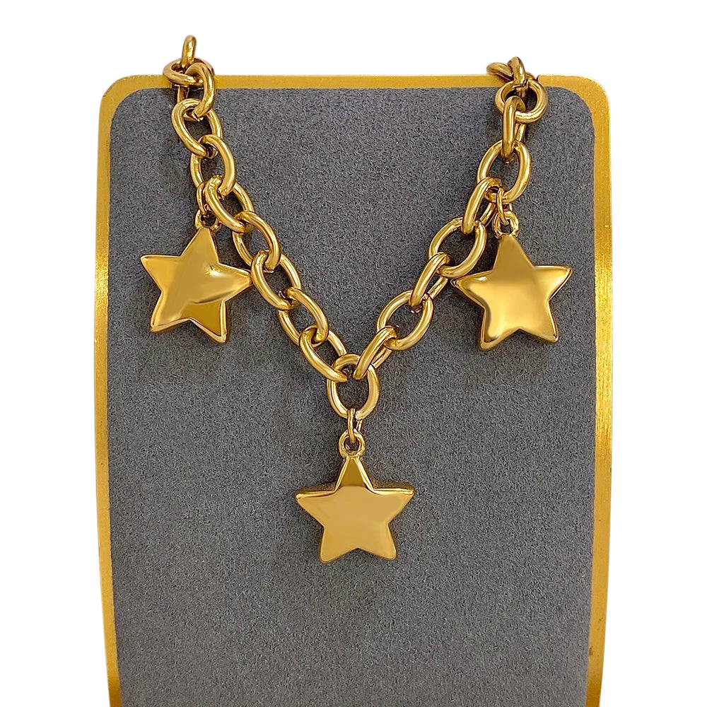JASE HEART GLOBAL Luminous Starburst gold-tone chain necklace featuring three polished star charms on a grey display