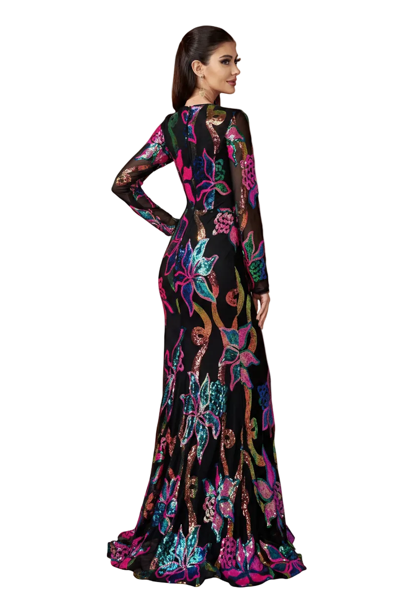 Woman wearing a colorful patterned dress against an orange background