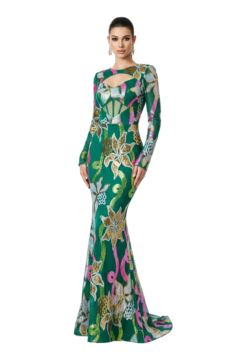 Woman wearing a green patterned dress on a blue background