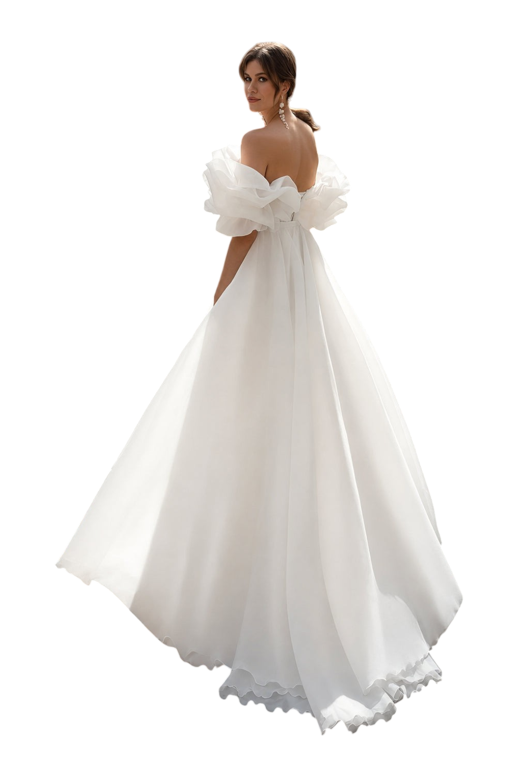 JASE Heart Ethereal Volante white off-shoulder wedding dress with voluminous ruffled sleeves on a city street