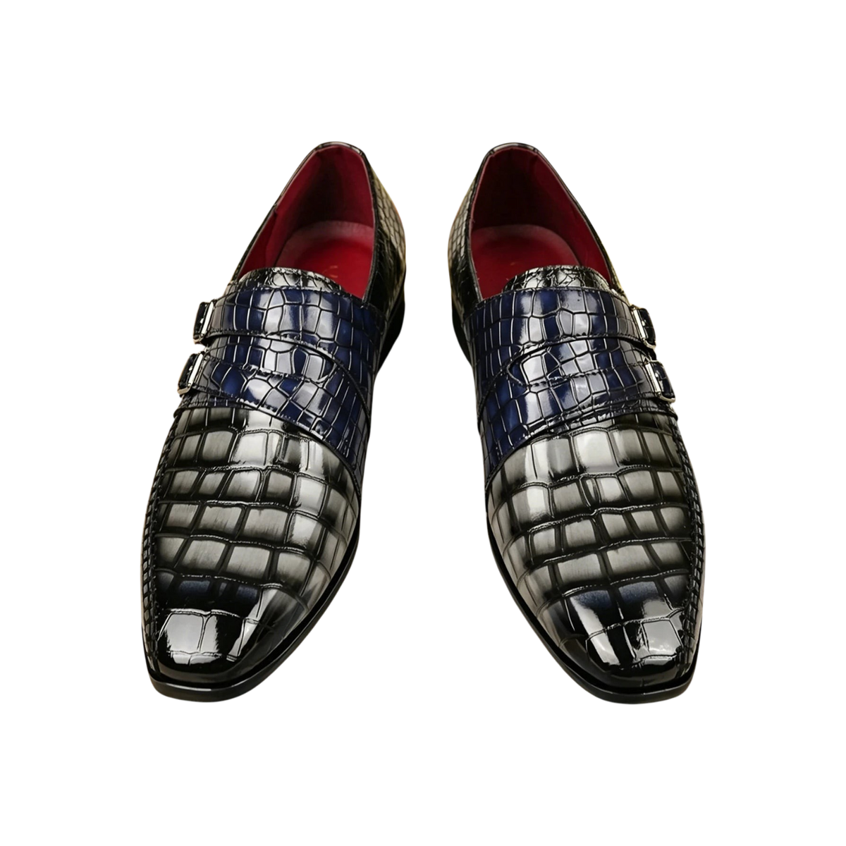 JASE Heart Royal Alligator double monk strap shoes in black and blue gradient crocodile-embossed leather