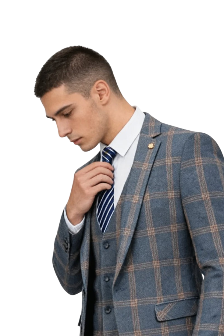 JASE Heart men's blue plaid three-piece suit with a white shirt and striped tie, worn by a model.