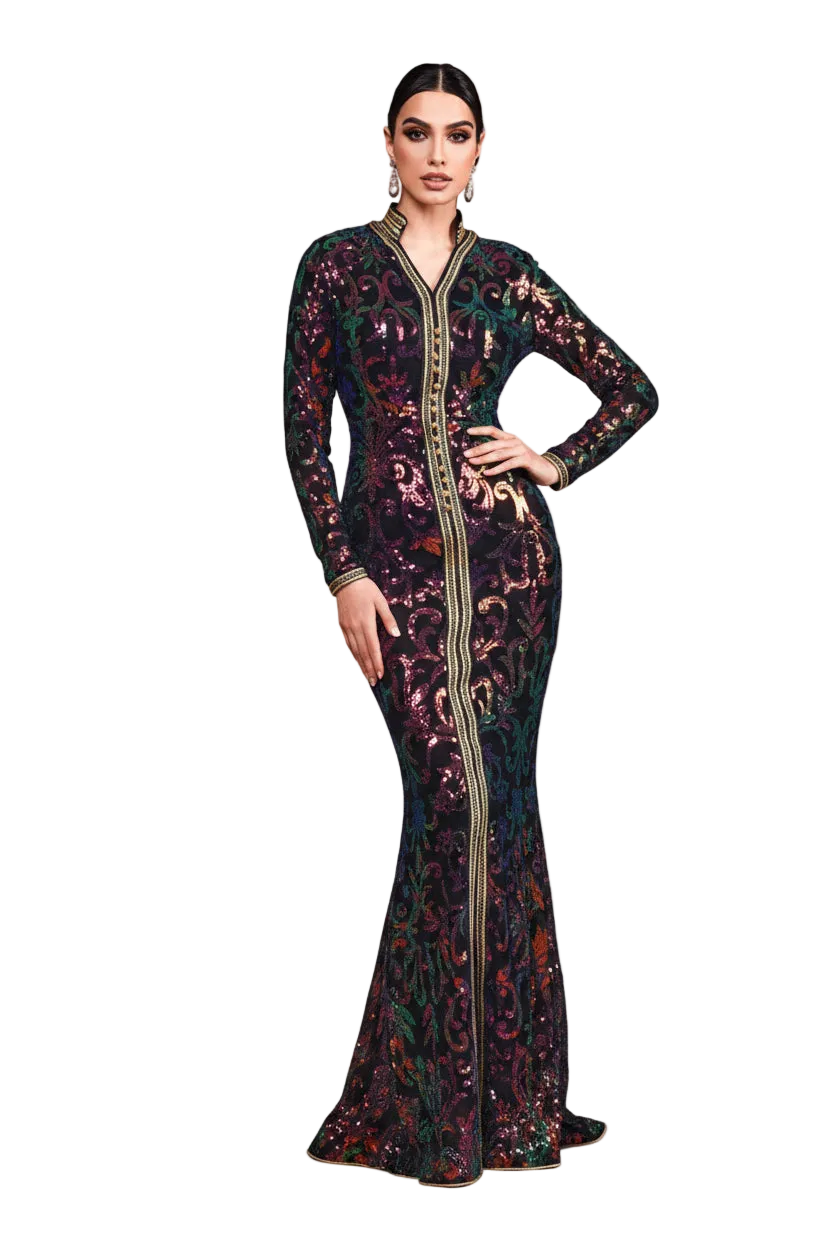 Woman in a colorful dress standing in a desert landscape with 'Missord' branding.