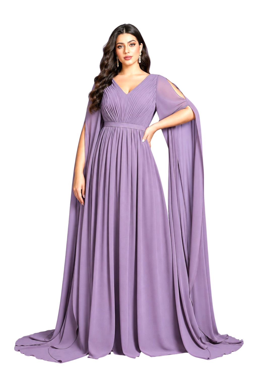 JASE Heart ethereal mauve floor-length chiffon gown with pleated bodice and dramatic split cape sleeves