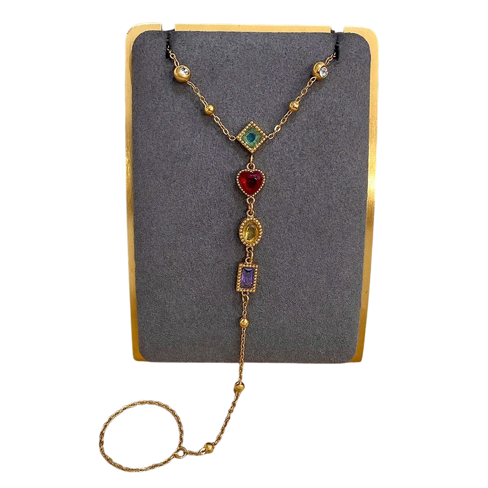 JASE HEART GLOBAL gold hand chain featuring multi-colored gemstone charms including heart and geometric shapes