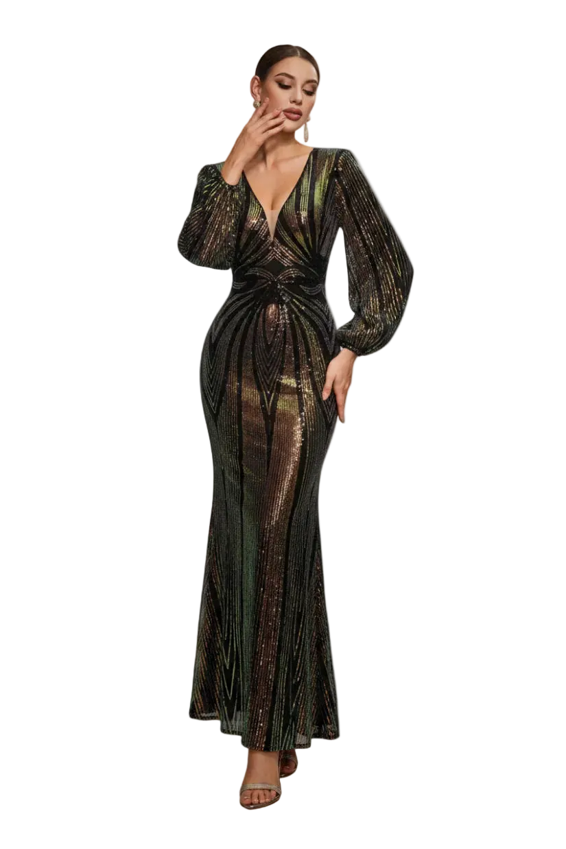 Woman wearing a black and gold glittery evening gown on a white background