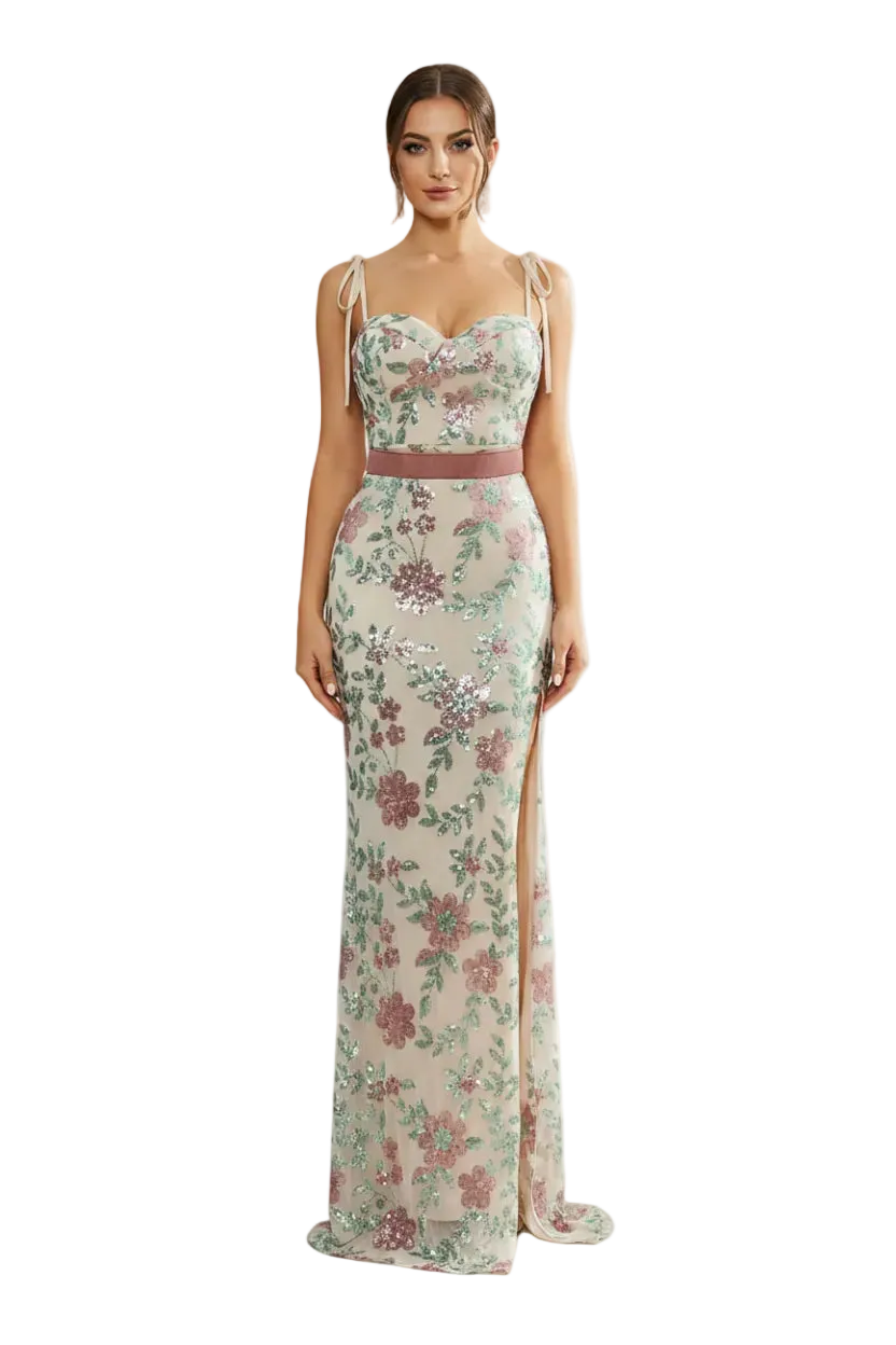 Woman wearing a floral evening gown with a slit in a bright room.