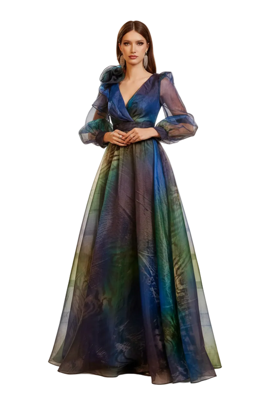 A woman stands on stone stairs wearing a floor-length sheer gown with a deep V-neck, ruffled long sleeves, and an iridescent blue-green-purple color-shifting fabric. The Miss Ord logo appears in the top-left corner.
