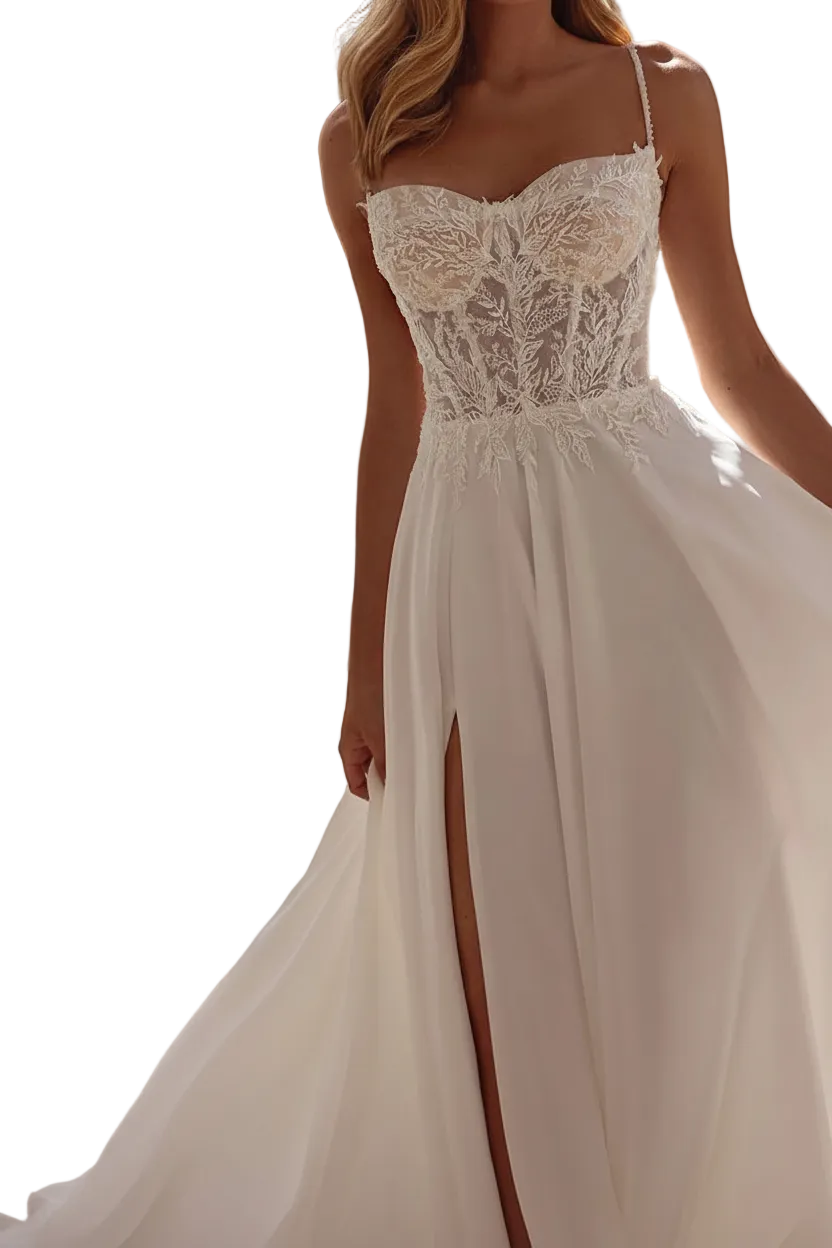 A woman wearing a white lace and tulle wedding dress with a sweetheart neckline, thin straps, and a high slit, photographed outdoors near a light-colored building. The dress has a fitted lace bodice and a full flowing skirt.
