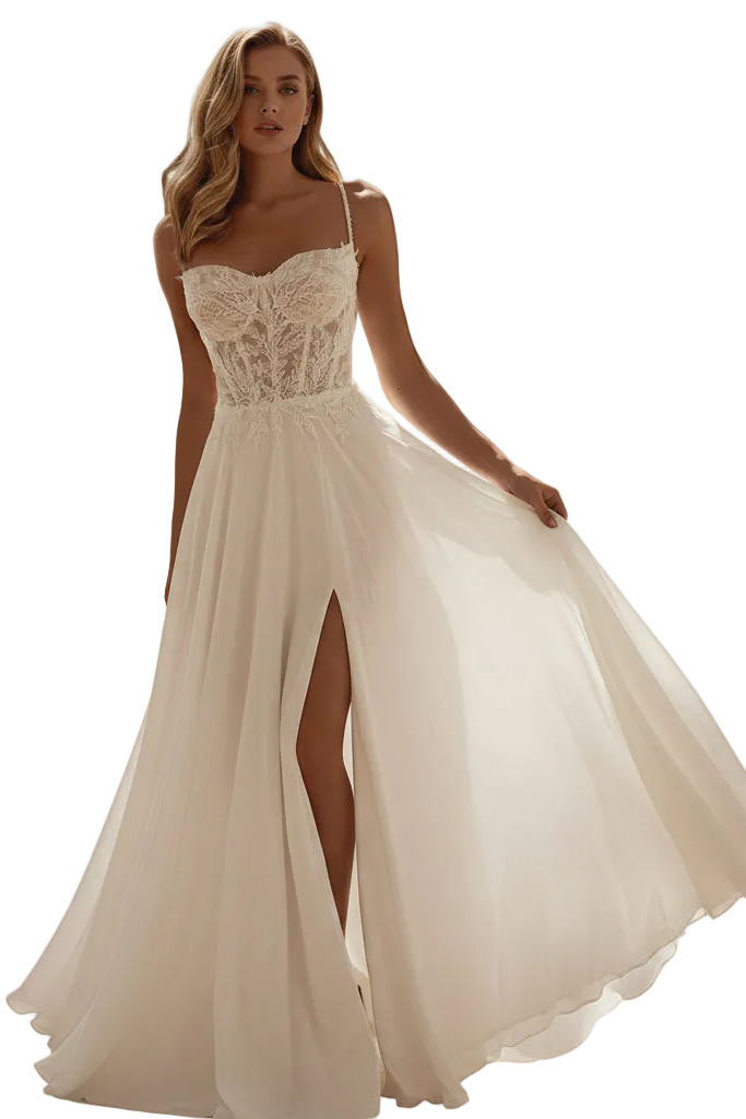 A woman wearing a strapless formal gown with a lace corset-style bodice, sweetheart neckline, and flowing chiffon skirt with a high front slit, photographed against a bright white studio background.