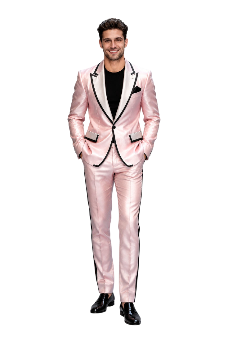 A man wearing a shiny light pink suit with black trim and gold pocket accents, standing against a textured gray background. The UA logo is visible in the top left corner.