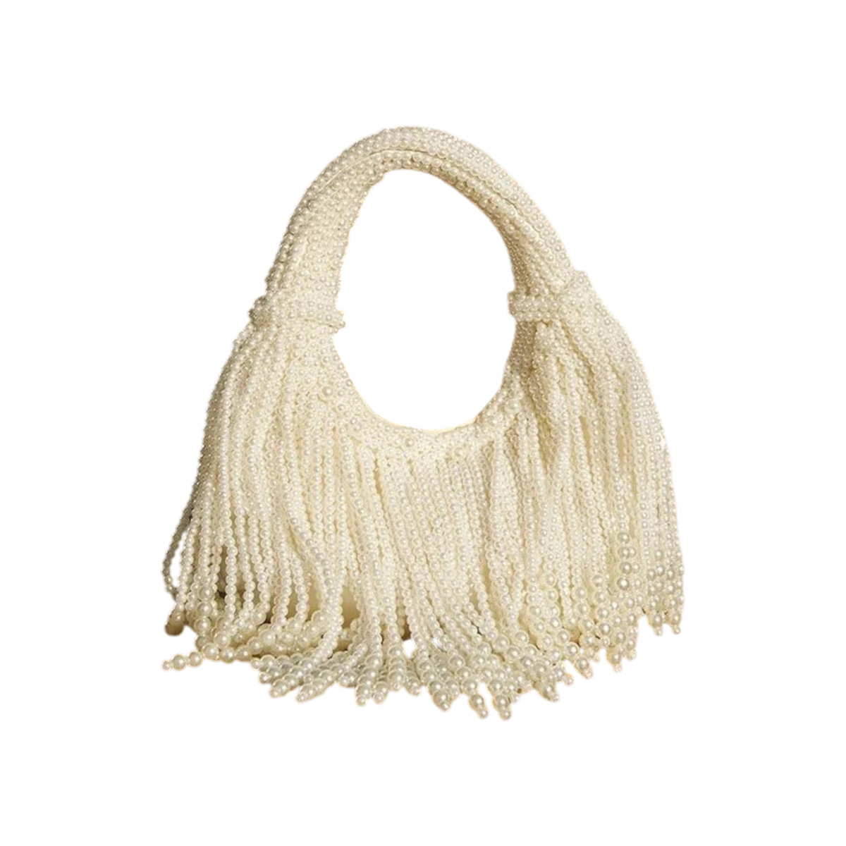JASE HEART GLOBAL white pearl beaded handbag with fringe tassel design, elegant evening purse for formal events