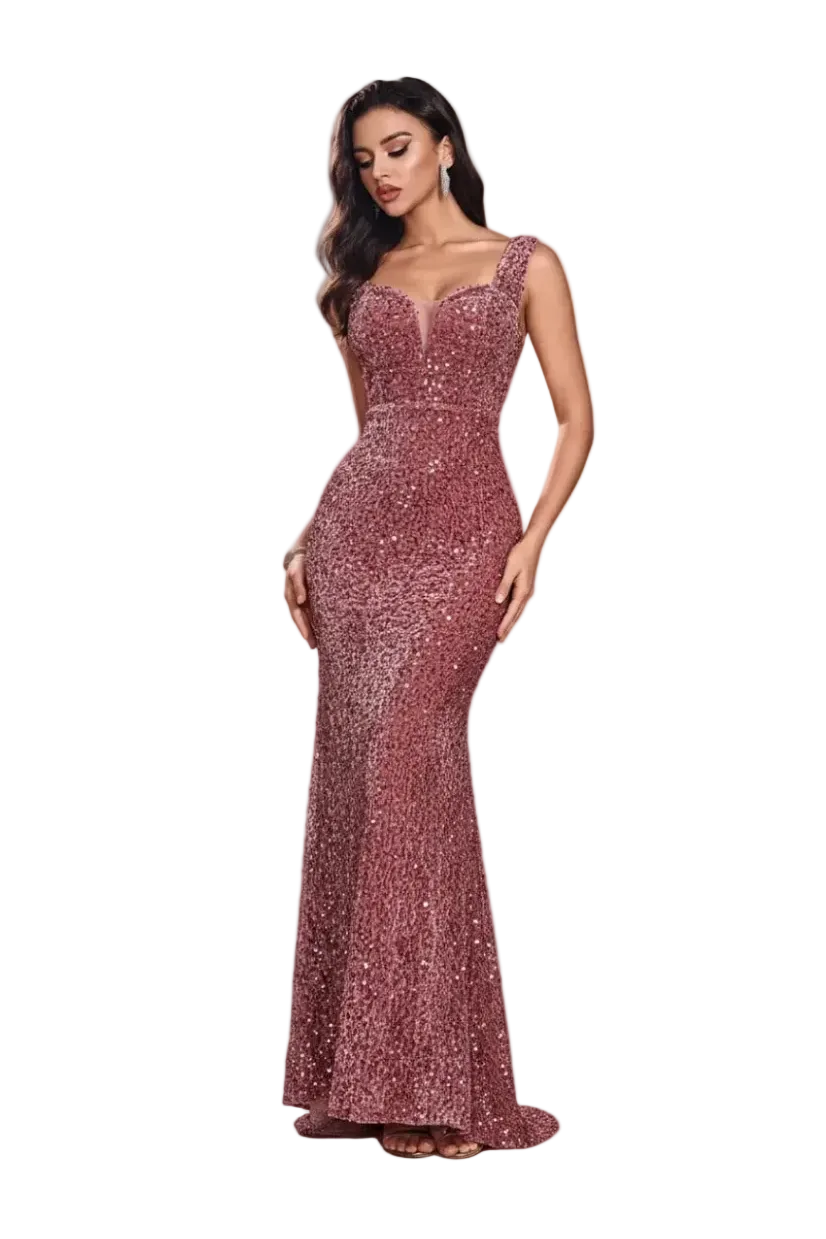 Woman wearing a sparkly burgundy evening gown on a white background